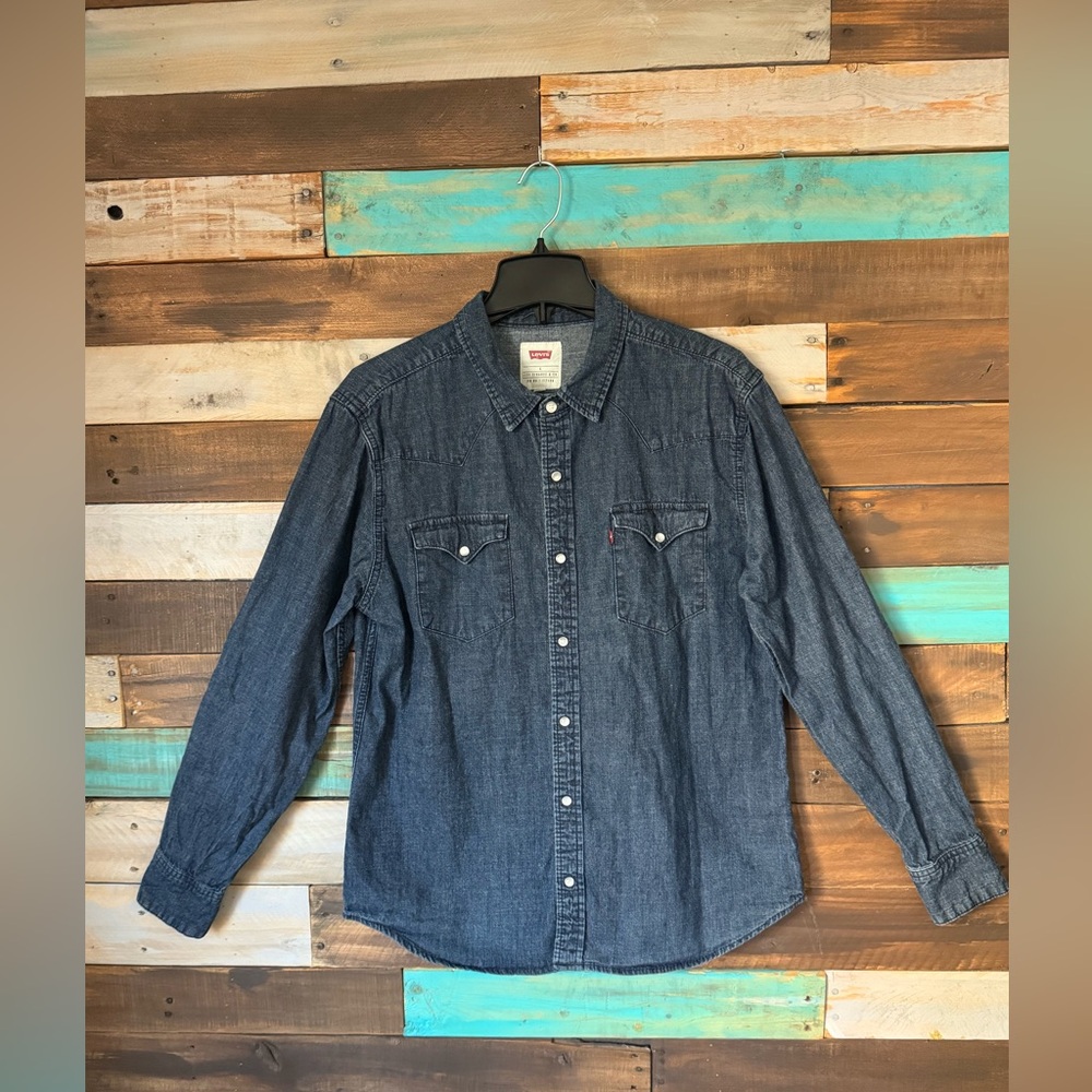 Levi's Barstow Western Denim Shirt Pearl Snap Indigo Dark Wash | Size L